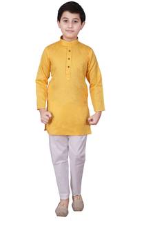 Yellow Self Design Cotton Boys Kurta Pajama Set