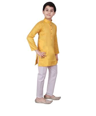 Yellow Self Design Cotton Boys Kurta Pajama Set 4
