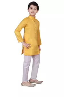 Yellow Self Design Cotton Boys Kurta Pajama Set