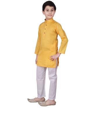 Yellow Self Design Cotton Boys Kurta Pajama Set 5