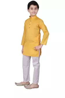 Yellow Self Design Cotton Boys Kurta Pajama Set