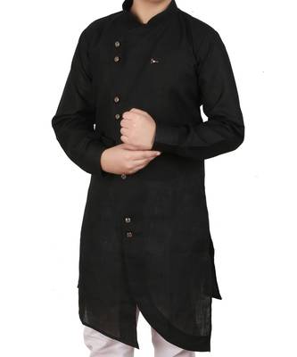Black Cotton Boys Cut Kurta Pajama Set 2