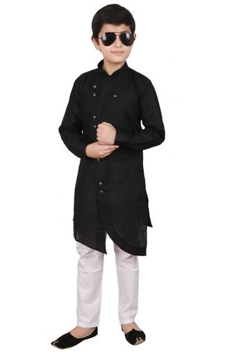Black Cotton Boys Cut Kurta Pajama Set