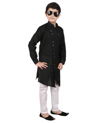 Black Cotton Boys Cut Kurta Pajama Set 3