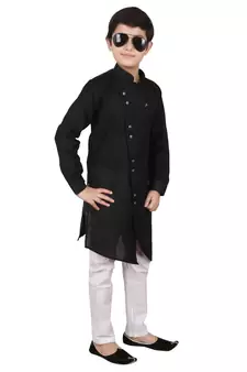 Black Cotton Boys Cut Kurta Pajama Set