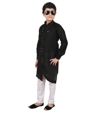 Black Cotton Boys Cut Kurta Pajama Set 4
