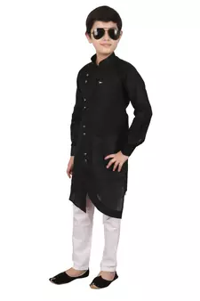Black Cotton Boys Cut Kurta Pajama Set