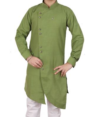 Green Cotton Boys Cut Kurta Pajama Set 2