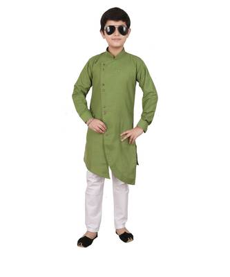 Green Cotton Boys Cut Kurta Pajama Set 1