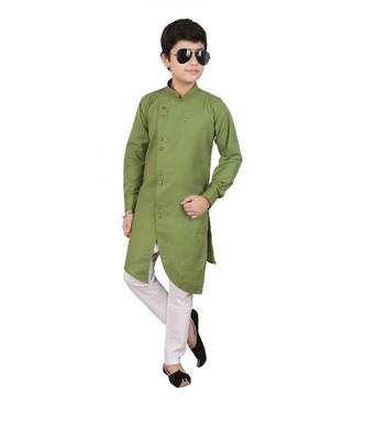 Green Cotton Boys Cut Kurta Pajama Set 3