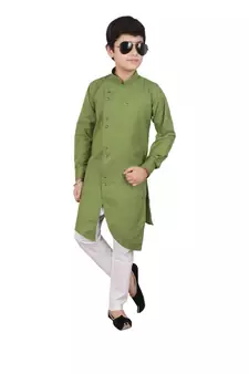 Green Cotton Boys Cut Kurta Pajama Set