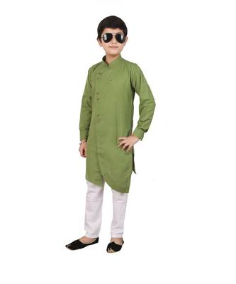 Green Cotton Boys Cut Kurta Pajama Set 4