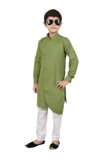 Green Cotton Boys Cut Kurta Pajama Set