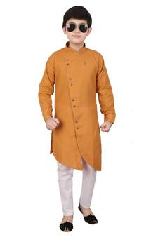 Mustard Cotton Boys Cut Kurta Pajama Set