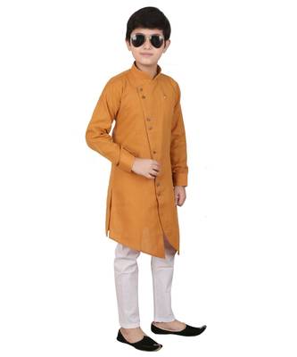 Mustard Cotton Boys Cut Kurta Pajama Set 4