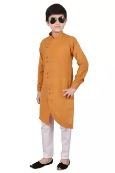 Mustard Cotton Boys Cut Kurta Pajama Set