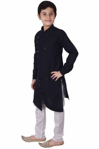 Navy Blue Cotton Boys Cut Kurta Pajama Set