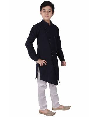Navy Blue Cotton Boys Cut Kurta Pajama Set 2