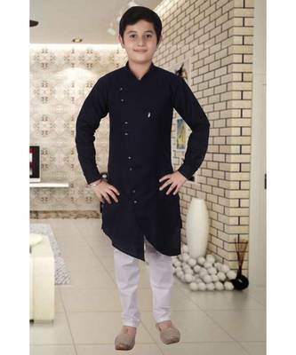 Navy Blue Cotton Boys Cut Kurta Pajama Set 3