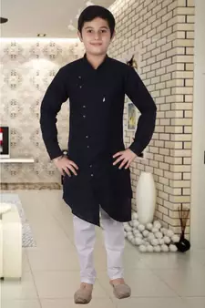 Navy Blue Cotton Boys Cut Kurta Pajama Set
