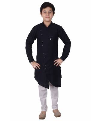 Navy Blue Cotton Boys Cut Kurta Pajama Set 4