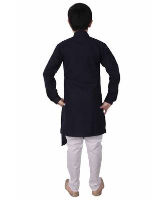Navy Blue Cotton Boys Cut Kurta Pajama Set 5