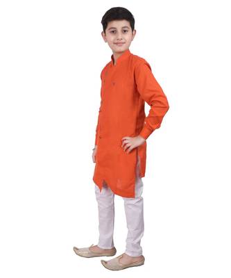 Orange Cotton Boys Cut Kurta Pajama Set 4