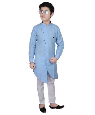 Sky Blue Cotton Boys Cut Kurta Pajama Set 1