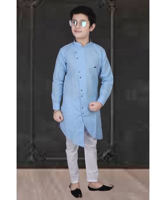 Sky Blue Cotton Boys Cut Kurta Pajama Set 2
