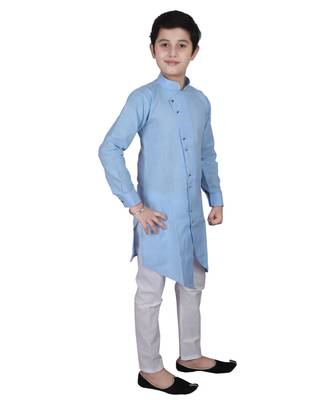 Sky Blue Cotton Boys Cut Kurta Pajama Set 3