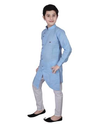 Sky Blue Cotton Boys Cut Kurta Pajama Set 4