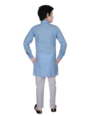 Sky Blue Cotton Boys Cut Kurta Pajama Set 5