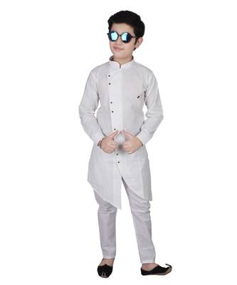 White Cotton Boys Cut Kurta Pajama Set 1