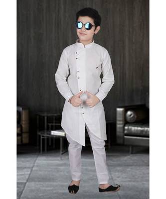 White Cotton Boys Cut Kurta Pajama Set 2