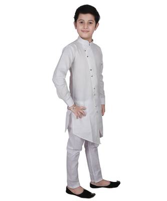 White Cotton Boys Cut Kurta Pajama Set 3