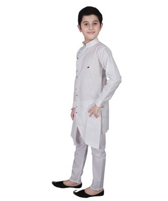 White Cotton Boys Cut Kurta Pajama Set 4