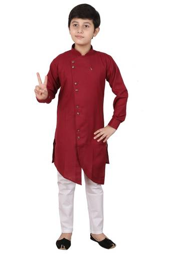 Wine Cotton Boys Cut Kurta Pajama Set