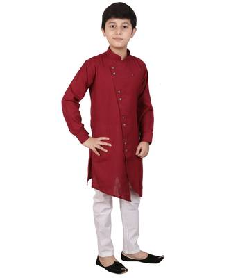 Wine Cotton Boys Cut Kurta Pajama Set 3