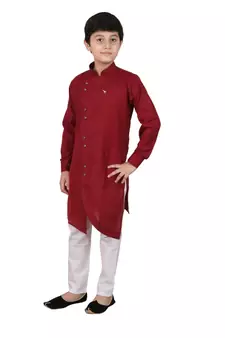 Wine Cotton Boys Cut Kurta Pajama Set