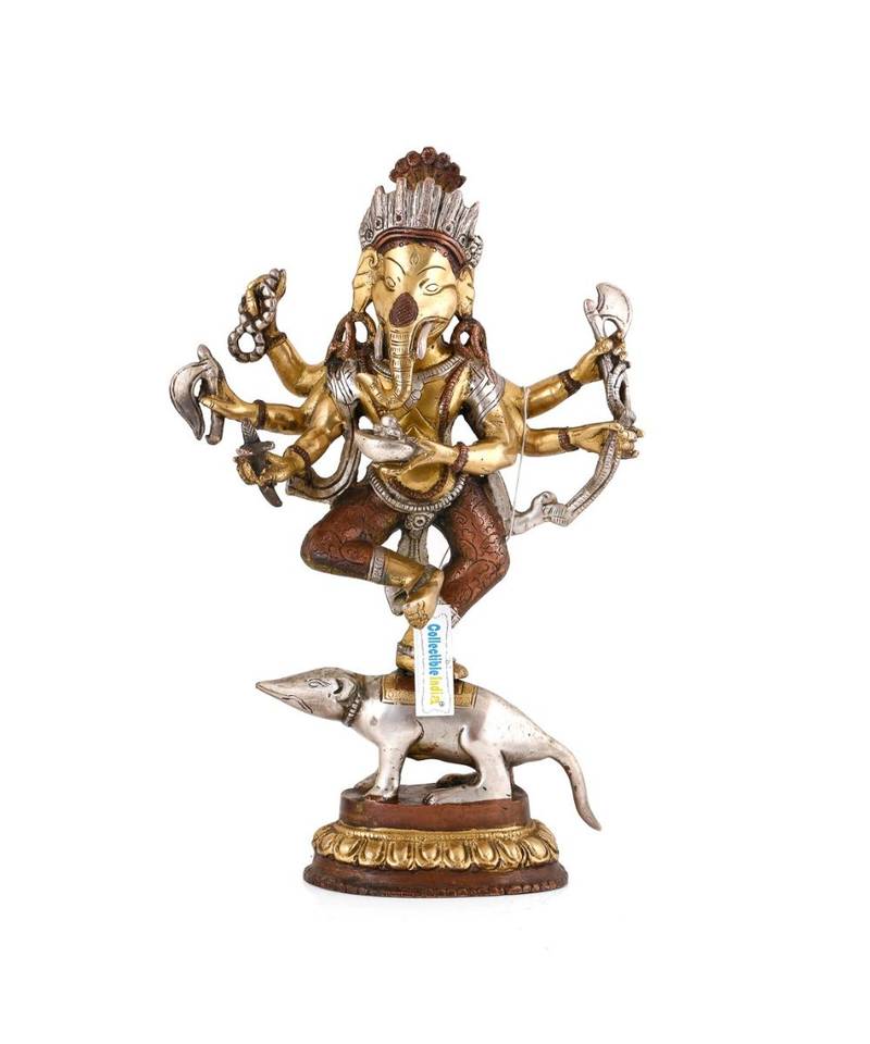 CraftVatika Six Hand Ganesha Ganesh murti Brass Idol - God Ganesh Dancing On Mushak Idol