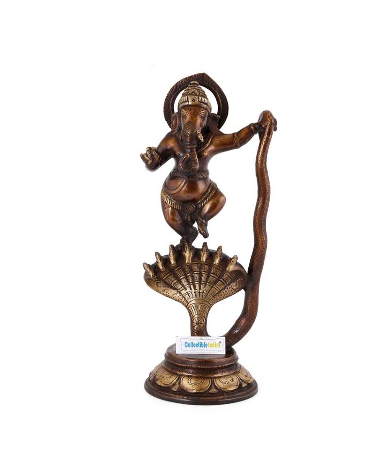 Lord Ganesha ganesh murti Brass Statue Idol | Hindu God Ganesh Ganpati On Snake Antique Finish Home Decor Figurine