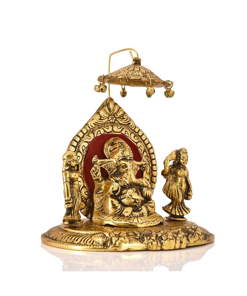Metal Lord Ganesha Riddhi Siddhi Chhatra Statue Hindu God Ganesh Ganpati Sitting Idol Sculpture
