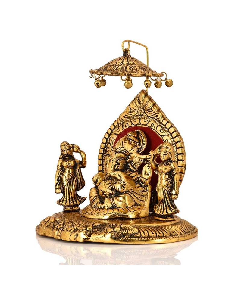 Metal Lord Ganesha Riddhi Siddhi Chhatra Statue Hindu God Ganesh Ganpati Sitting Idol Sculpture