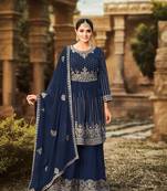 Navy Blue Georgette Sequined Embroidered Stitched Sharara Suit