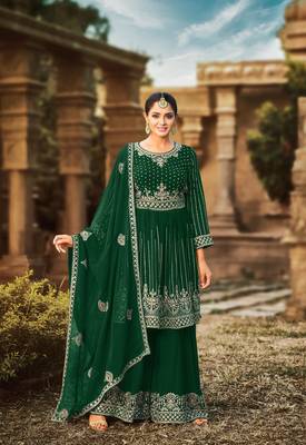 Green Georgette Sequined Embroidered Stitched Sharara Suit 1