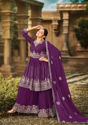 Magenta Georgette Sequined Embroidered Stitched Sharara Suit 1