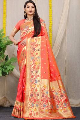 Orange Color Soft Silk Wiving Gold Zari Saree  1