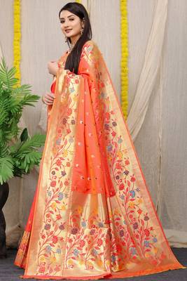 Orange Color Soft Silk Wiving Gold Zari Saree  2