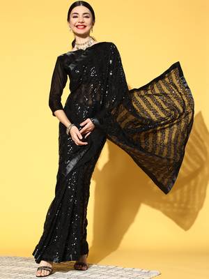 Black plain georgette saree with blouse 1