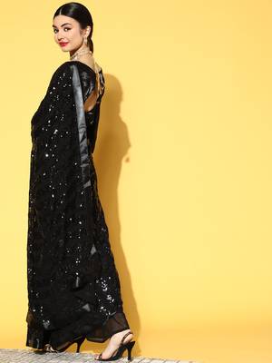 Black plain georgette saree with blouse 2